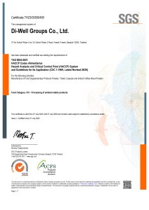 Sertifikasi standar HACCP dari SGS (Thailand) Co., Ltd.